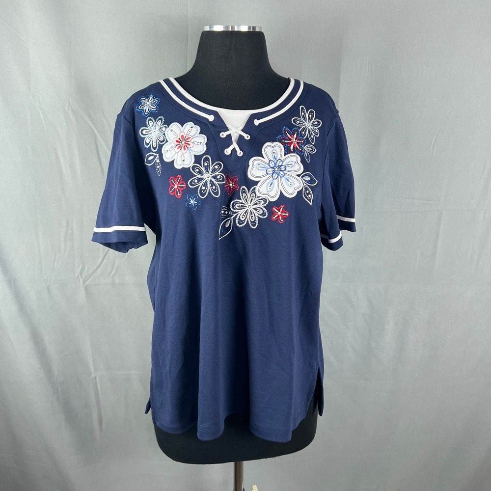 Alfred Dunner Criss Cross Neck T Shirt Women Large Navy Floral Embroidery Cotton